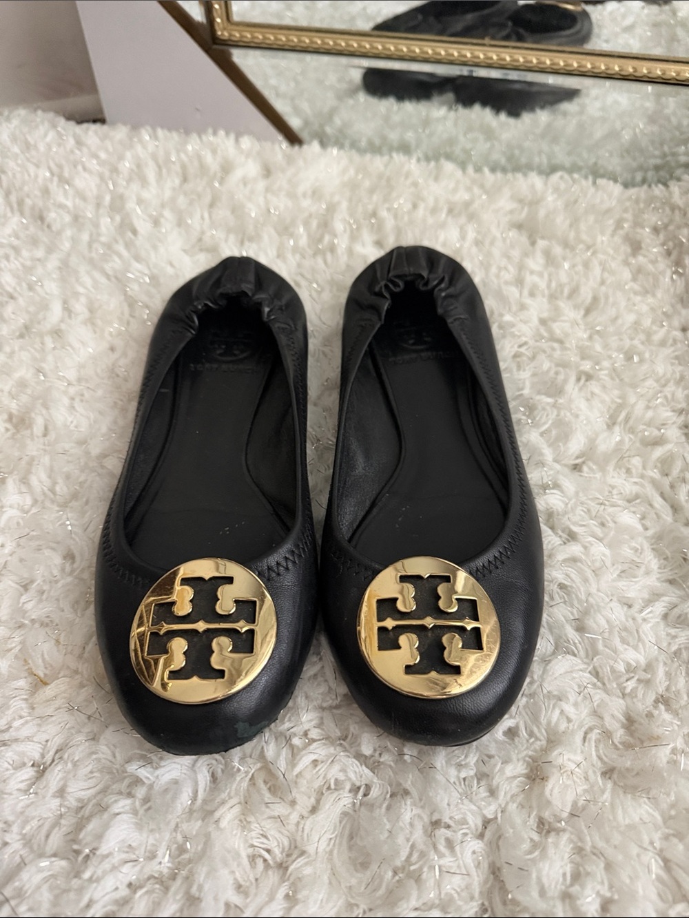 Tory Burch Black Leather Ballet Flats with Gold Logo